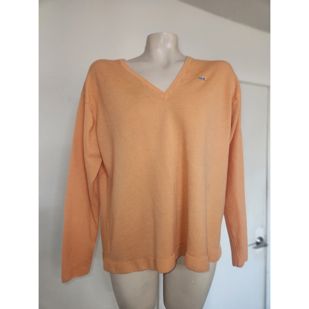 Lacoste V-Neck Wool Sweater Orange Pure New Wool‎ Logo Knit Pullover vintage